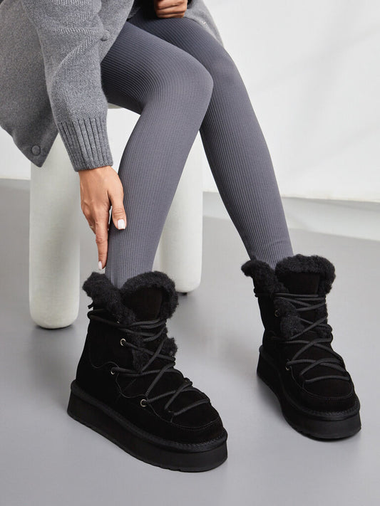Black Cozy Lace-Up Ankle Boots with Plush Lining