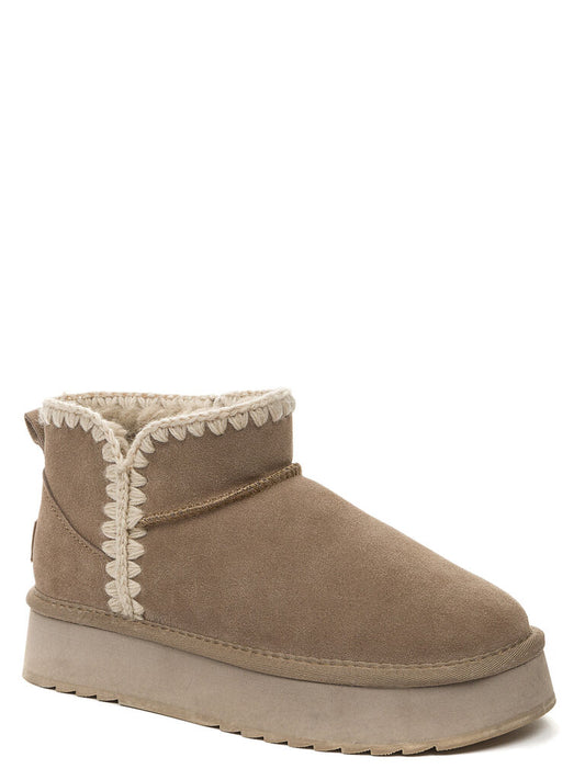 Beige Suede Ankle Boots with Textured Trim