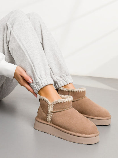 Beige Suede Ankle Boots with Textured Trim