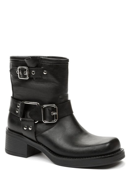 Black Leather Ankle Boots with Buckle Accents