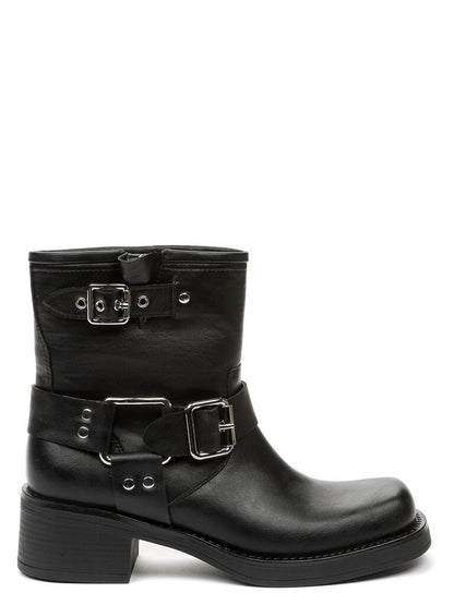 Black Leather Ankle Boots with Buckle Accents