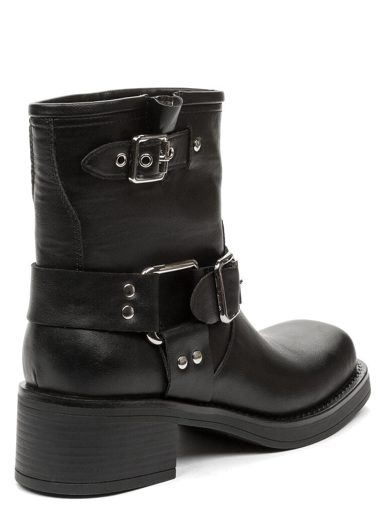 Black Leather Ankle Boots with Buckle Accents