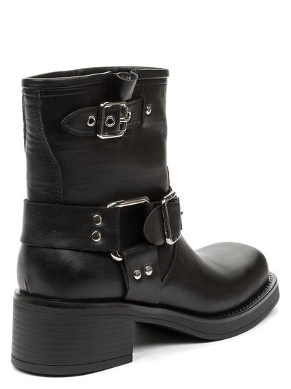 Black Leather Ankle Boots with Buckle Accents