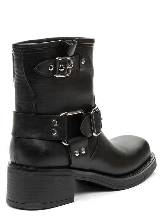 Black Leather Ankle Boots with Buckle Accents