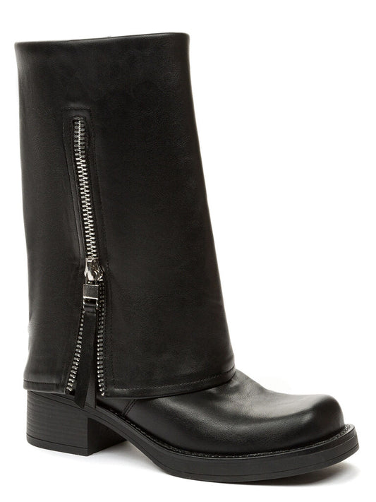Black Textured Leather Mid-Calf Boots with Zipper Detail