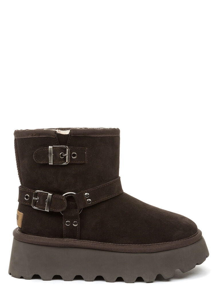 Brown Suede Ankle Boot with Buckle Detail