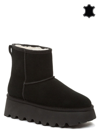 Black Suede Platform Ankle Boot with Shearling Lining