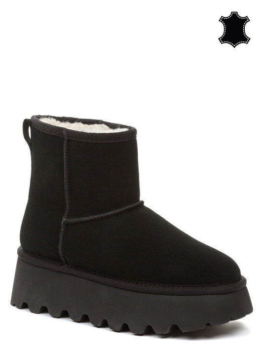Black Suede Platform Ankle Boot with Shearling Lining