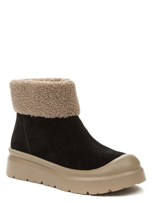Black Suede Ankle Boot with Shearling Cuff