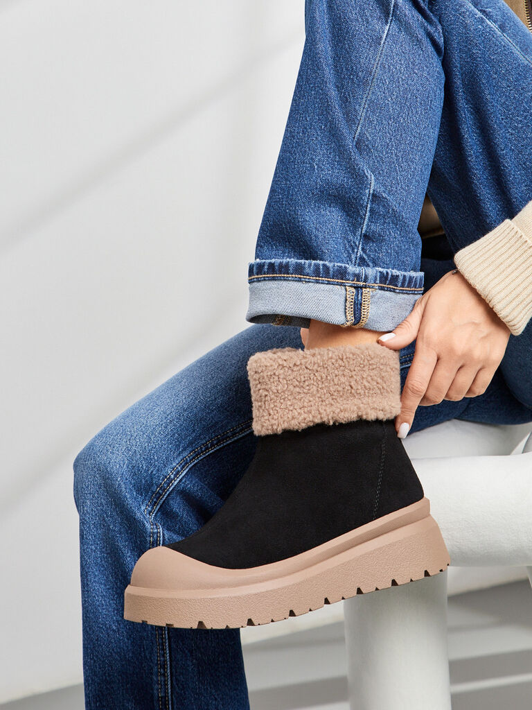 Black Suede Ankle Boot with Shearling Cuff