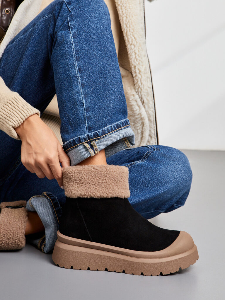Black Suede Ankle Boot with Shearling Cuff