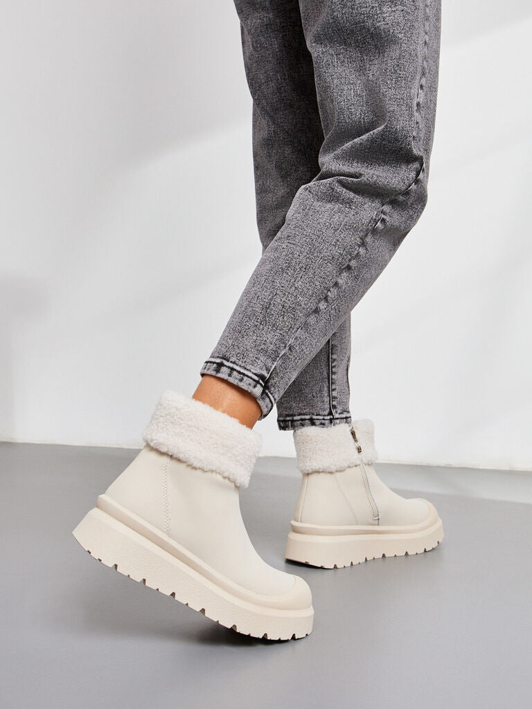 Cream Faux Shearling Ankle Boots with Fold-Over Cuff