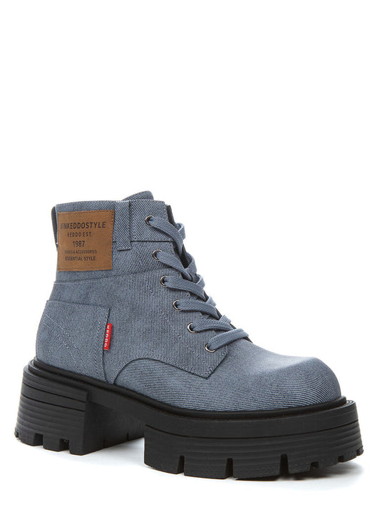 Blue Denim Lace-Up Ankle Boot with Chunky Sole