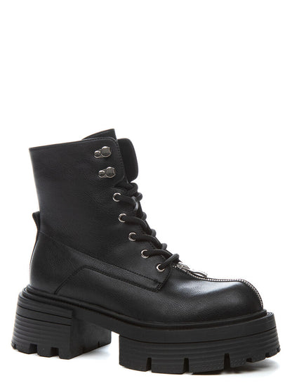 Black Leather Platform Boot with Lace-Up Closure