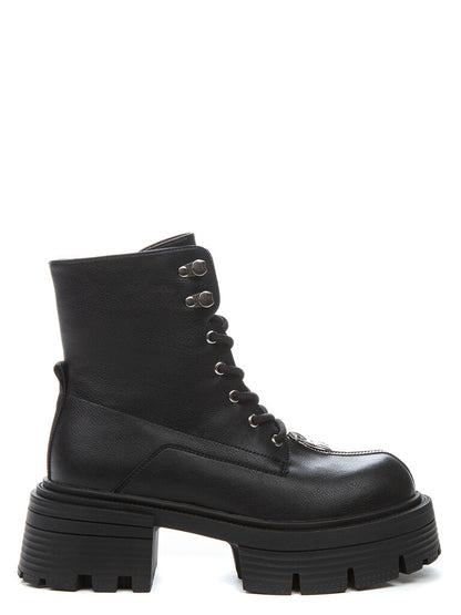 Black Leather Platform Boot with Lace-Up Closure