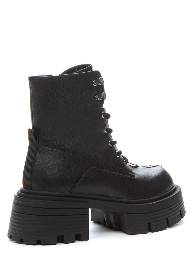 Black Leather Platform Boot with Lace-Up Closure