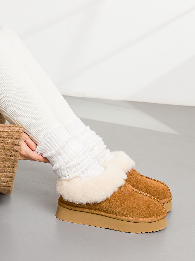 Brown Shearling Lined Suede Slippers