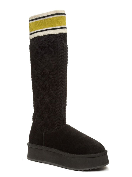 Black Cable Knit High-Top Boots with Contrast Cuff