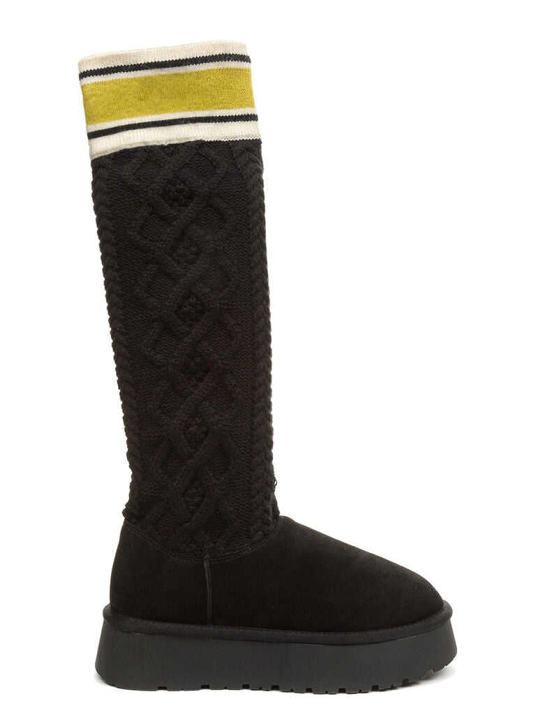Black Cable Knit High-Top Boots with Contrast Cuff