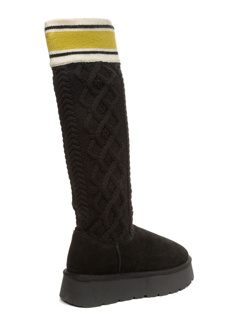 Black Cable Knit High-Top Boots with Contrast Cuff