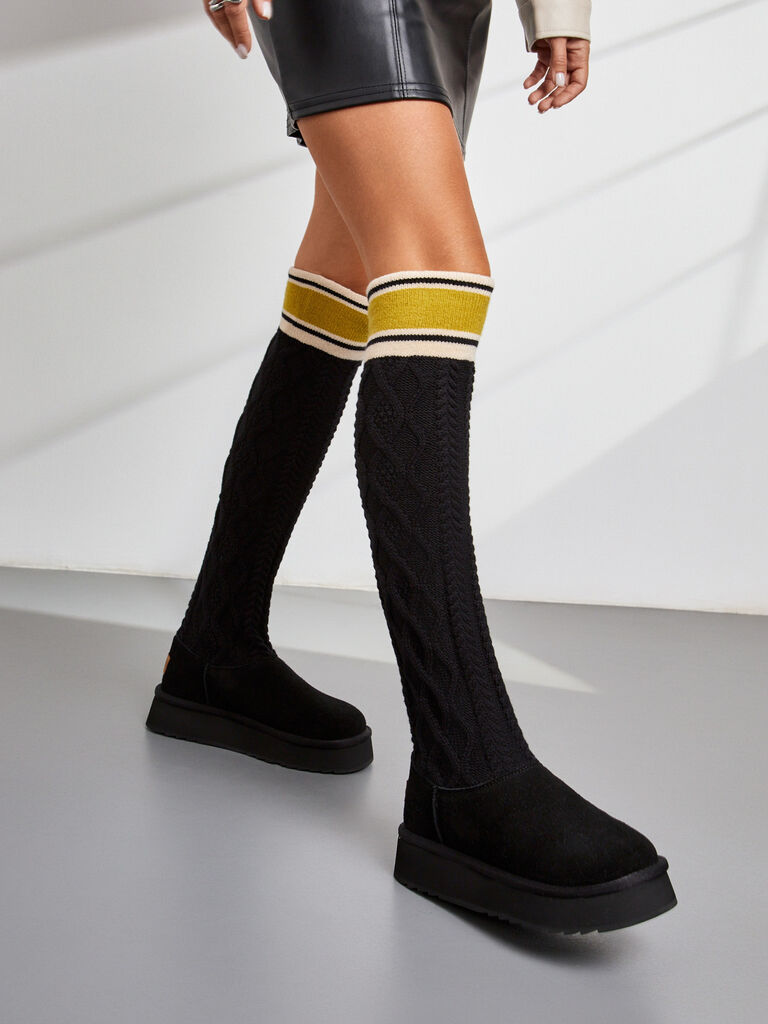 Black Cable Knit High-Top Boots with Contrast Cuff