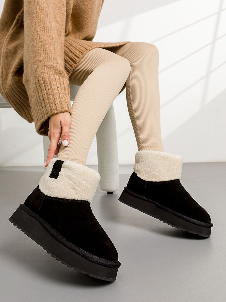 Black Suede Platform Boot with Shearling Cuff