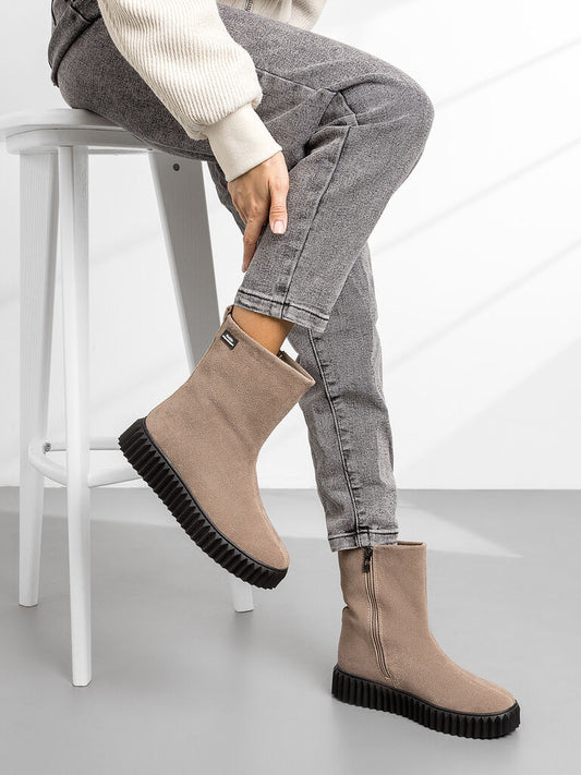Beige Textured Boots with Side Zipper