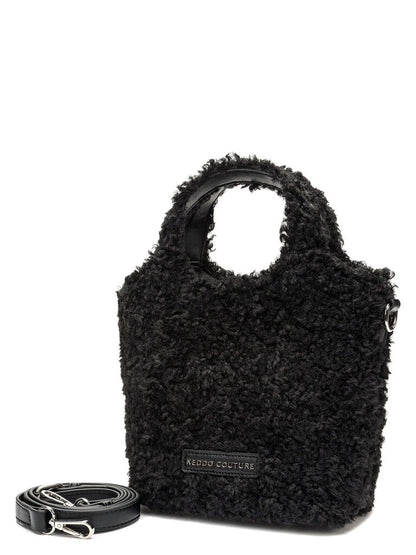 Black Faux Fur Mini Tote Bag with Detachable Strap