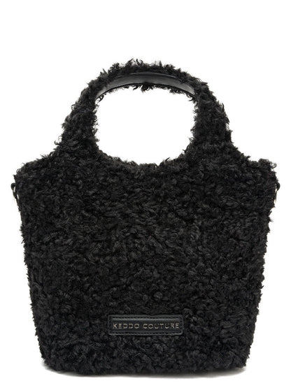 Black Faux Fur Mini Tote Bag with Detachable Strap
