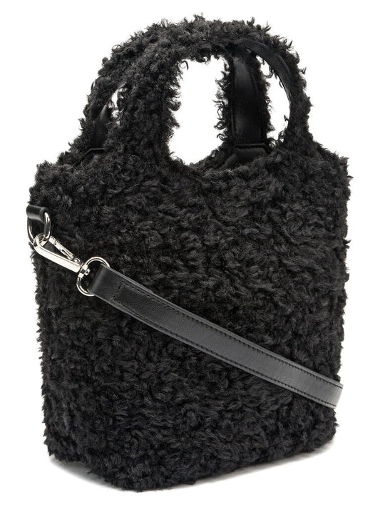 Black Faux Fur Mini Tote Bag with Detachable Strap
