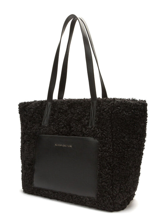 Black Textured Shoulder Tote with Leather Pocket