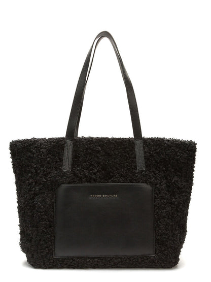 Black Textured Shoulder Tote with Leather Pocket