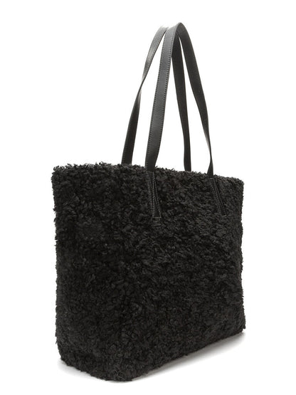 Black Textured Shoulder Tote with Leather Pocket