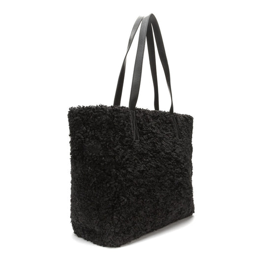 Black Textured Shoulder Tote with Leather Pocket