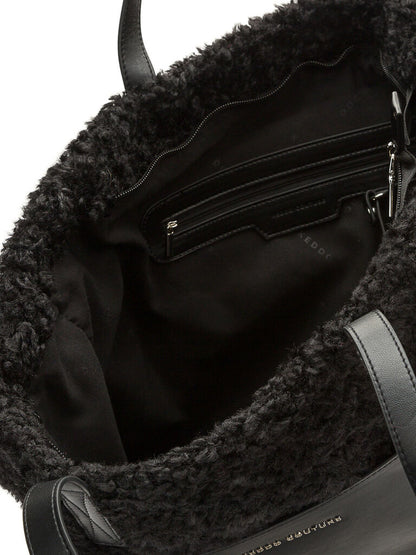 Black Textured Shoulder Tote with Leather Pocket