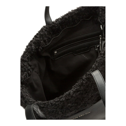 Black Textured Shoulder Tote with Leather Pocket