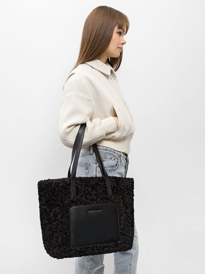 Black Textured Shoulder Tote with Leather Pocket