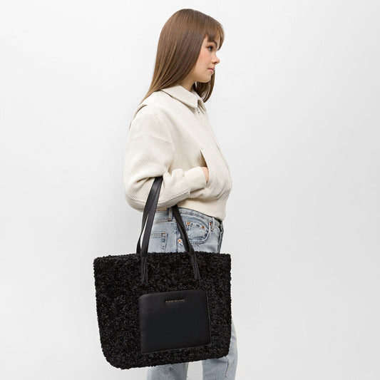 Black Textured Shoulder Tote with Leather Pocket