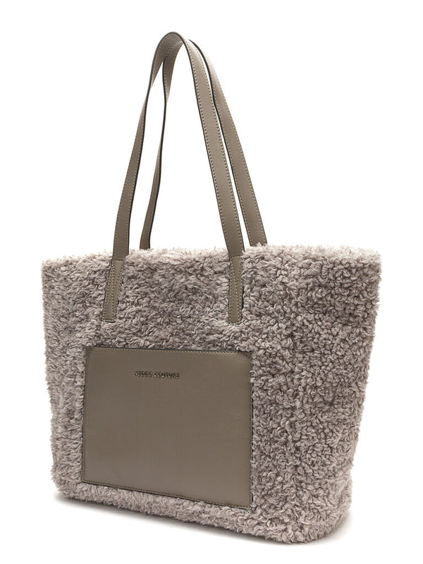 Taupe Faux Fur Tote Bag with Leather Accents