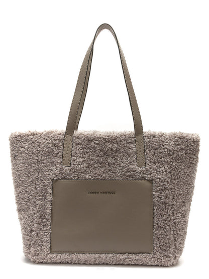 Taupe Faux Fur Tote Bag with Leather Accents