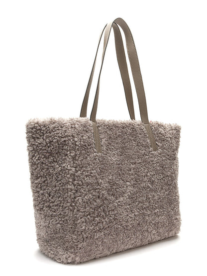 Taupe Faux Fur Tote Bag with Leather Accents