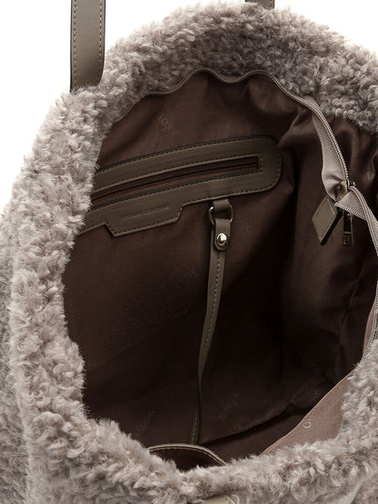 Taupe Faux Fur Tote Bag with Leather Accents