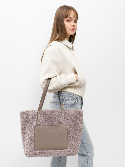 Taupe Faux Fur Tote Bag with Leather Accents