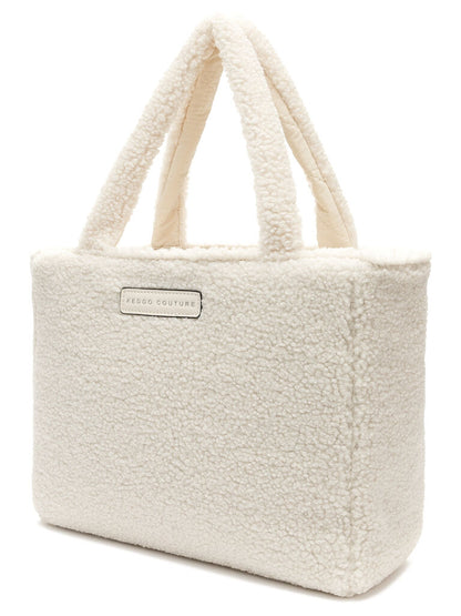 Cream Textured Tote with Plush Design