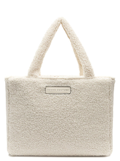 Cream Textured Tote with Plush Design