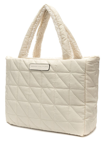 Cream Textured Tote with Plush Design
