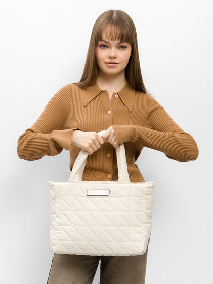 Cream Textured Tote with Plush Design