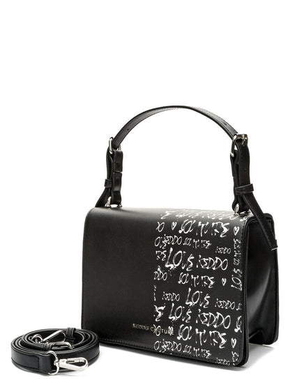 Black Leather Crossbody Bag with Printed Design