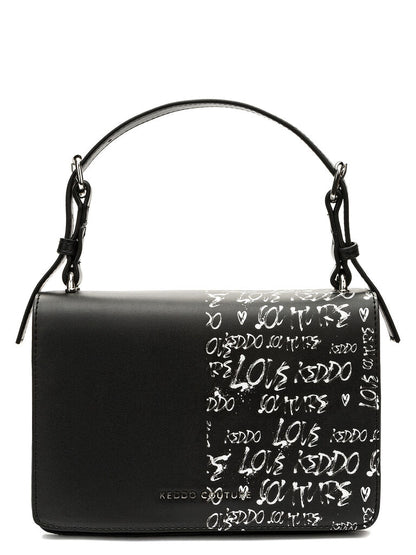 Black Leather Crossbody Bag with Printed Design