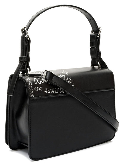 Black Leather Crossbody Bag with Printed Design